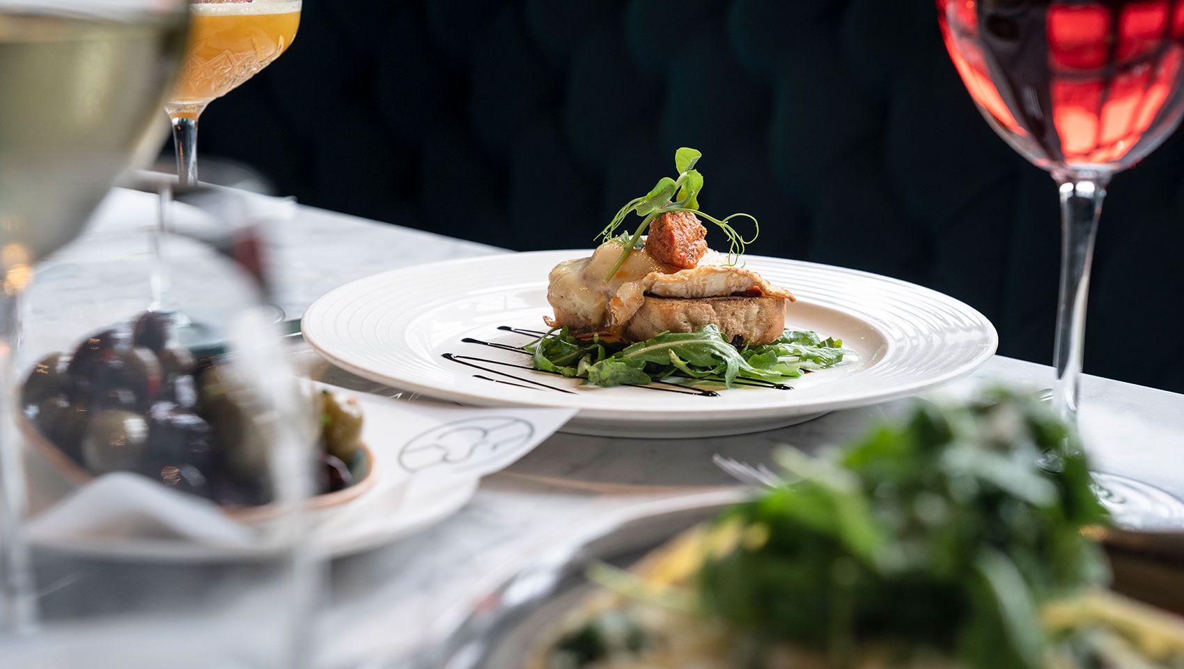 gourmet dinner plate with wine pairing